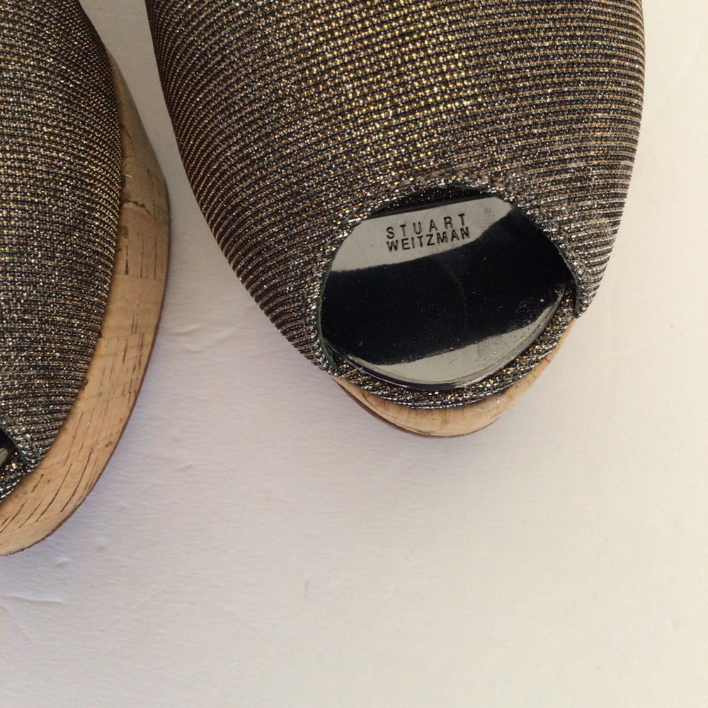 STUART WEITZMAN CORKSWOON BRONZE GLITTER CORK PLATFORM WEDGE SHOES SIZE … - Picture 8 of 16